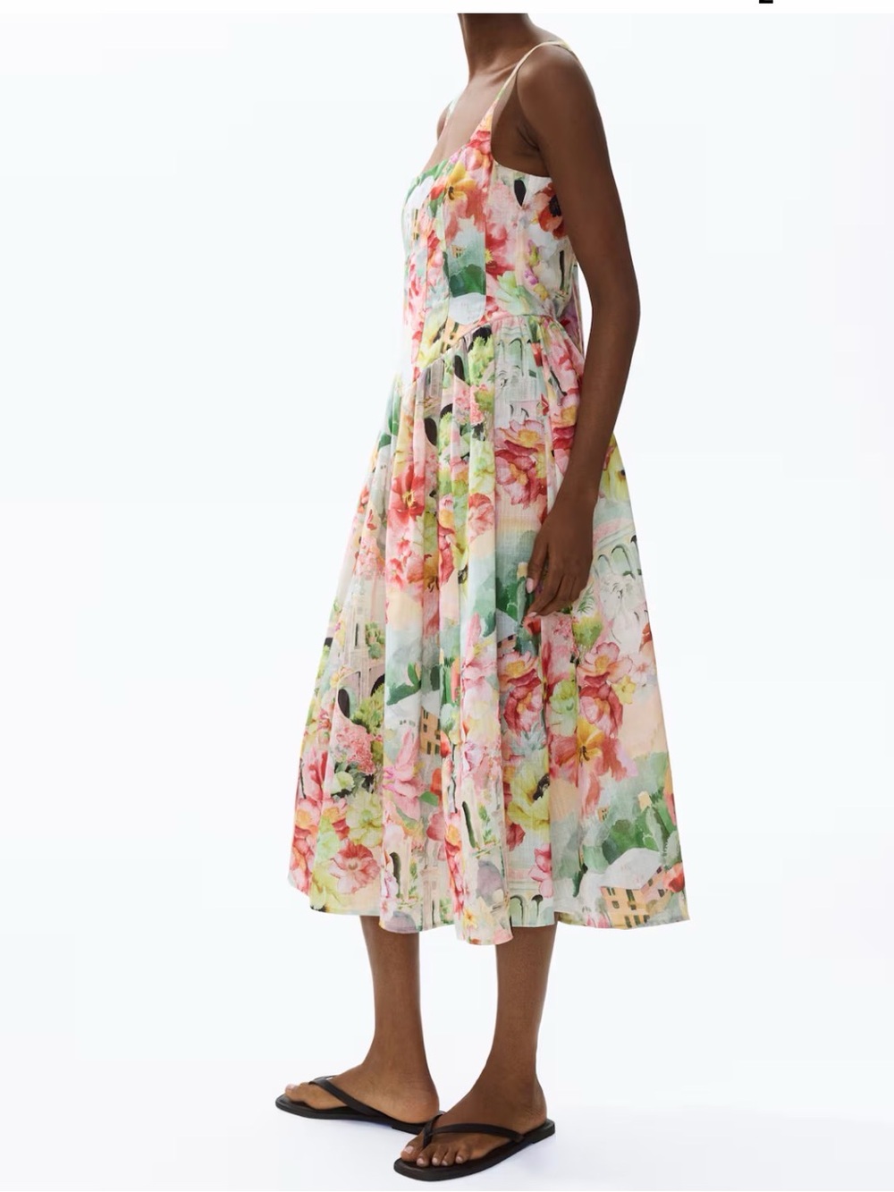 H&M Floral Spaghetti-Strap Midi Dress in Pink, Green, White
